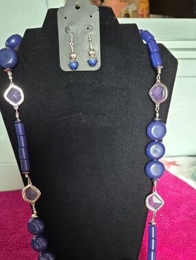 Chico's Royal Blue Beaded Necklace with Matching Drop Earrings